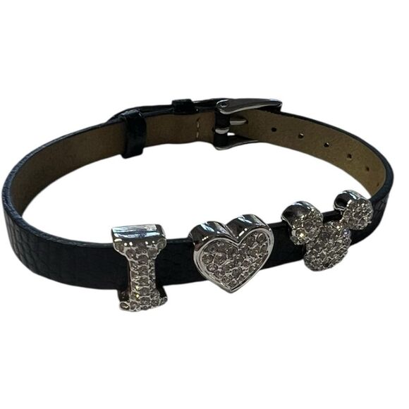 RARE Swarovski Disney Bracelet With “ I (Heart) Mickey”. Black Leather Band. main image 5